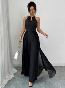 Elenzga 优雅通勤绿色吊带系带 V 领收腰透明雪纺拼接女式连体裤 - 黑色 - 查看 3