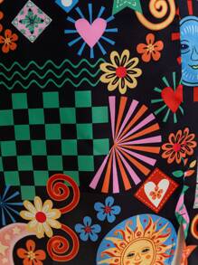 Soleia Plus Size Women Summer Satin Printed Front Slit Straight Fit Bodycon Skirt With Colorful Whimsical Sun Print, Vacation Style Christmas Clothes