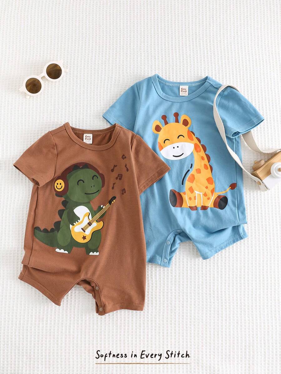 Cozy Pixies 2 件套男婴卡通动物图案针织柔软圆领短袖连体衣，休闲百搭套装 - 藍色 - 查看 1