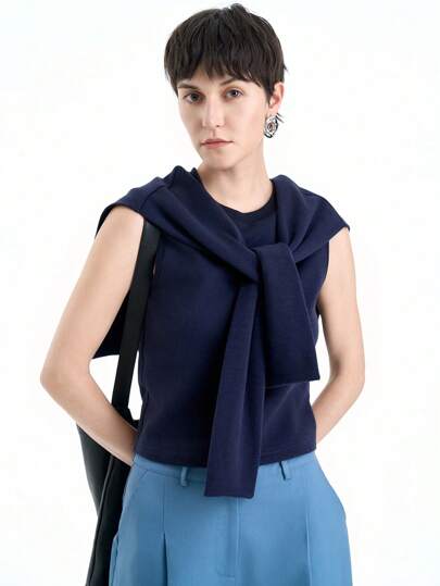 SHEIN LUNE 女士优雅纯色披肩领衬衫