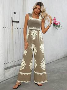 SHEIN Tall Women's Spring/Summer Casual/Holiday Khaki Beige Positioning Printed Sling Straight Wide Leg Jumpsuit - Khaki - View 3