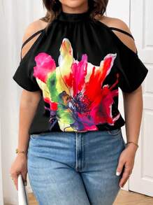 SHEIN Clasi Plus Size Women Boho Style Sleeveless Floral Print Halter Neck Loose Beach Shirt, Casual Vacation Wear, Spring/Summer - Black - View 4