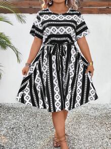 Breezaya Plus Size 1pc Woven Retro Print Fitted Regular Dress - Black - View 1