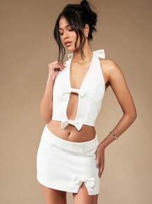 MISSGUIDED Conjunto de dos piezas de punto con lazo en el frente, falda mini texturizada, coordinado de invierno para mujer, moda casual, atuendo primaveral para salir de fiesta