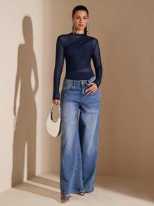 SHEIN BAE 女士不对称系带长袖透明紧身衣，适合鸡尾酒会、浪漫约会、秋冬打底衫、派对、正式聚会、万圣节、圣诞节 - 藏蓝色 - 查看 4