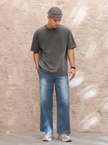 Manfinity VCAY Pantalones casuales de corte regular para hombre con efecto desteñido, parche y decoración desestructurada, pierna recta y relajada - Azul - Ver 3