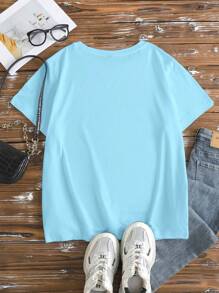 EMERY ROSE Plus Size Turtle Printed Short Sleeve Round Neck T-Shirt Graphic Tees Women Tops - Blue - View 2