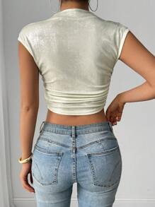 Chiquease Elegant High Neck Reflective Fabric Inverted Triangle Hem Short Sleeve T-Shirt