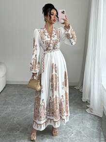 Elenzga Women's New Fashion Palace Retro Print Dress, High-End Retro Palace French Wrap Style V-Neck Waist Gathering Flared Long Lantern Sleeve Lightweight Luxurious Casual Elegant Resort Fit And Flared Dress Fall Cloth For Women