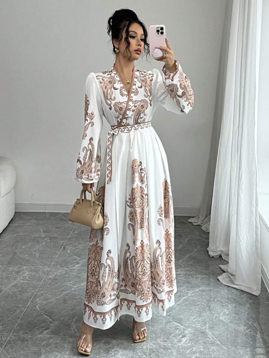 Elenzga Women's New Fashion Palace Retro Print Dress, High-End Retro Palace French Wrap Style V-Neck Waist Gathering Flared Long Lantern Sleeve Lightweight Luxurious Casual Elegant Resort Fit And Flared Dress Fall Cloth For Women