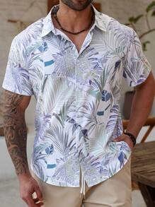 ResortEase Plus Size Men's Casual Tropical Print Short Sleeve Shirt, Vacation Style