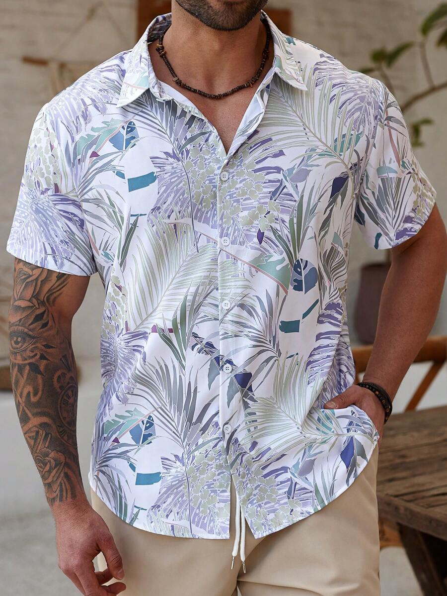 ResortEase Plus Size Men's Casual Tropical Print Short Sleeve Shirt, Vacation Style
