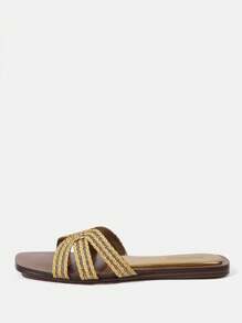 Styleloop Women's Square Toe Metal Texture Casual Flat Slide Sandals, Suitable For Daily Wear And Vacation - Gold - View 6