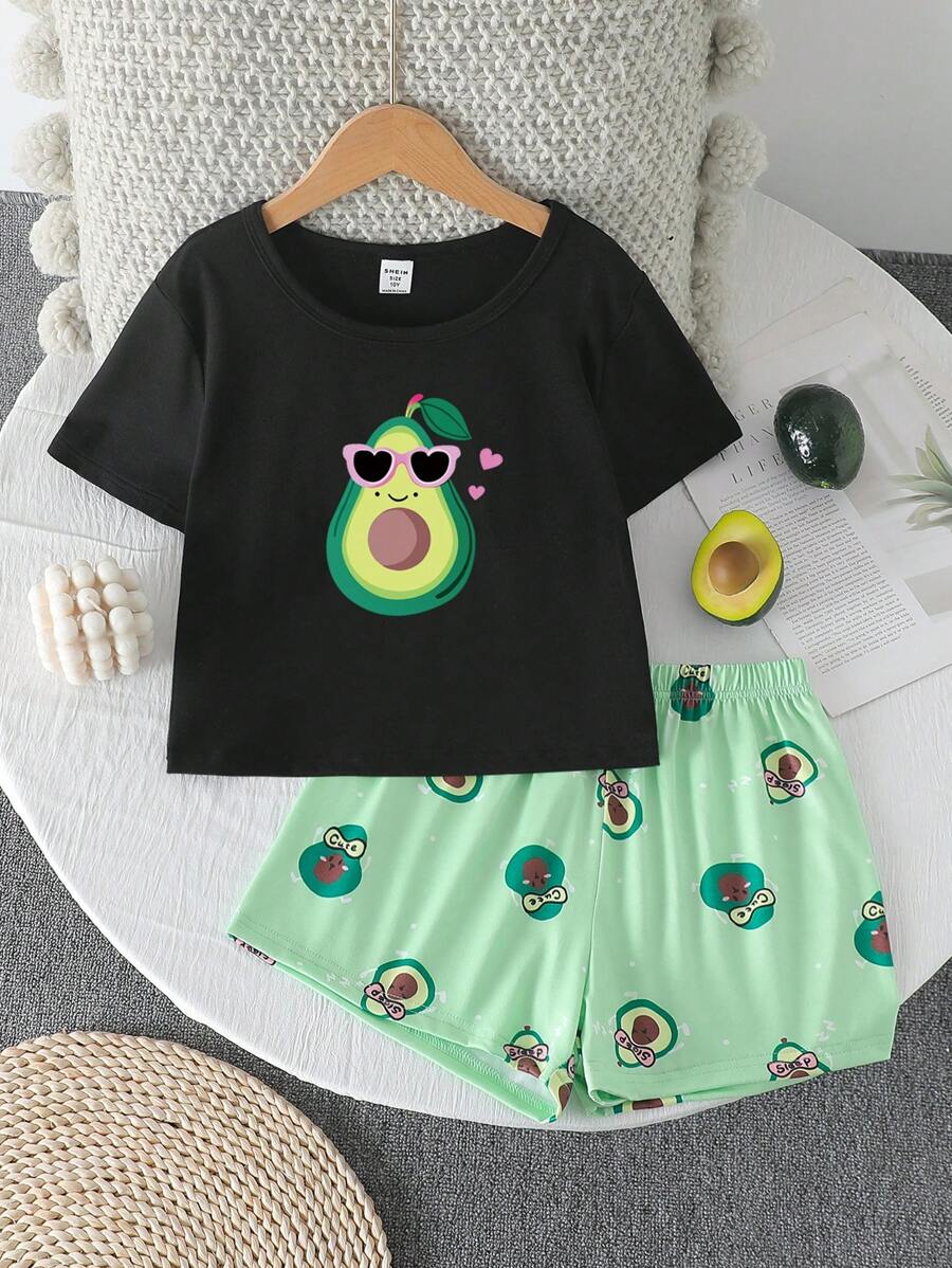 青少年女孩鳄梨印花短袖和短裤两件套睡衣套装，休闲舒适 - 黑色 - 查看 1