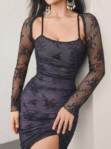 Modelyn Vestido de tirantes de encaje para mujer, de manga larga, plisado, ajustado, con bajo de cola de pez, elegante y sexy