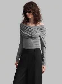 Ontre 2025 New Women's Long Sleeve Solid Grey Crossover Off Shoulder Pleated Fitted Top, Spring/Summer Holiday Clothing, Valentine's Day