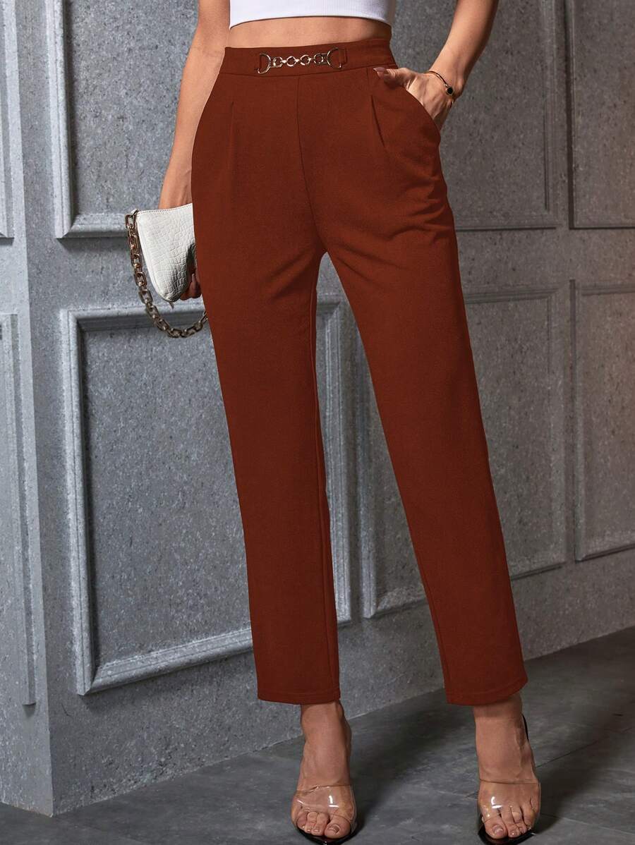 SHEIN Privé Women's Solid Color High Waisted Tapered Leg Casual/Office Pants - Rust Brown - View 1