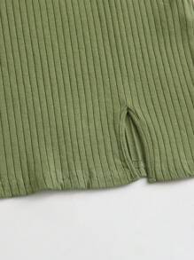 SHEIN EZwear Summer Outing Split Hem Rib-Knit Solid Dress - Army Green - View 4