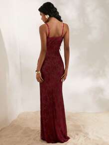 Opulessa Đầm Maxi Ôm Body Ren Dệt Kim Màu Trơn Cho Nữ - Màu Đỏ Sâu - Xem 2