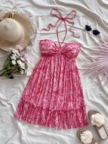 Soleia Hippie Women's Sleeveless Halter Neck Paisley Printed Dress,Sun Dress