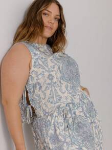 Aralina Curve Linen Summer Vacation Shirt With Ties And Short Set - Blue - View 1