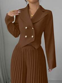 Elenzga 2 Pieces Set: Solid Color Button-Up Jacket And Wide-Leg Pleated Pants