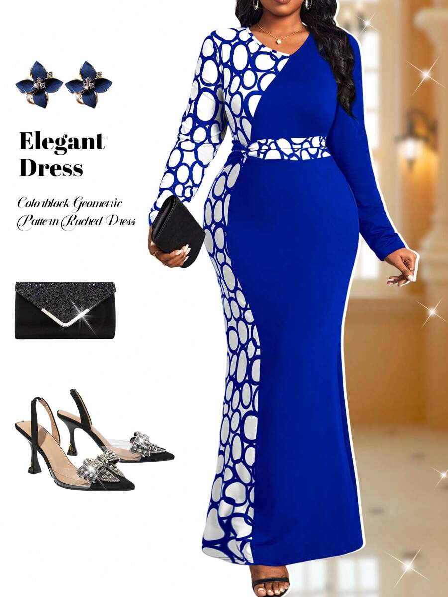Fleurora 大码女式商务专业黑白拼色几何图案褶皱腰美人鱼连衣裙 - 寶藍色 - 查看 1