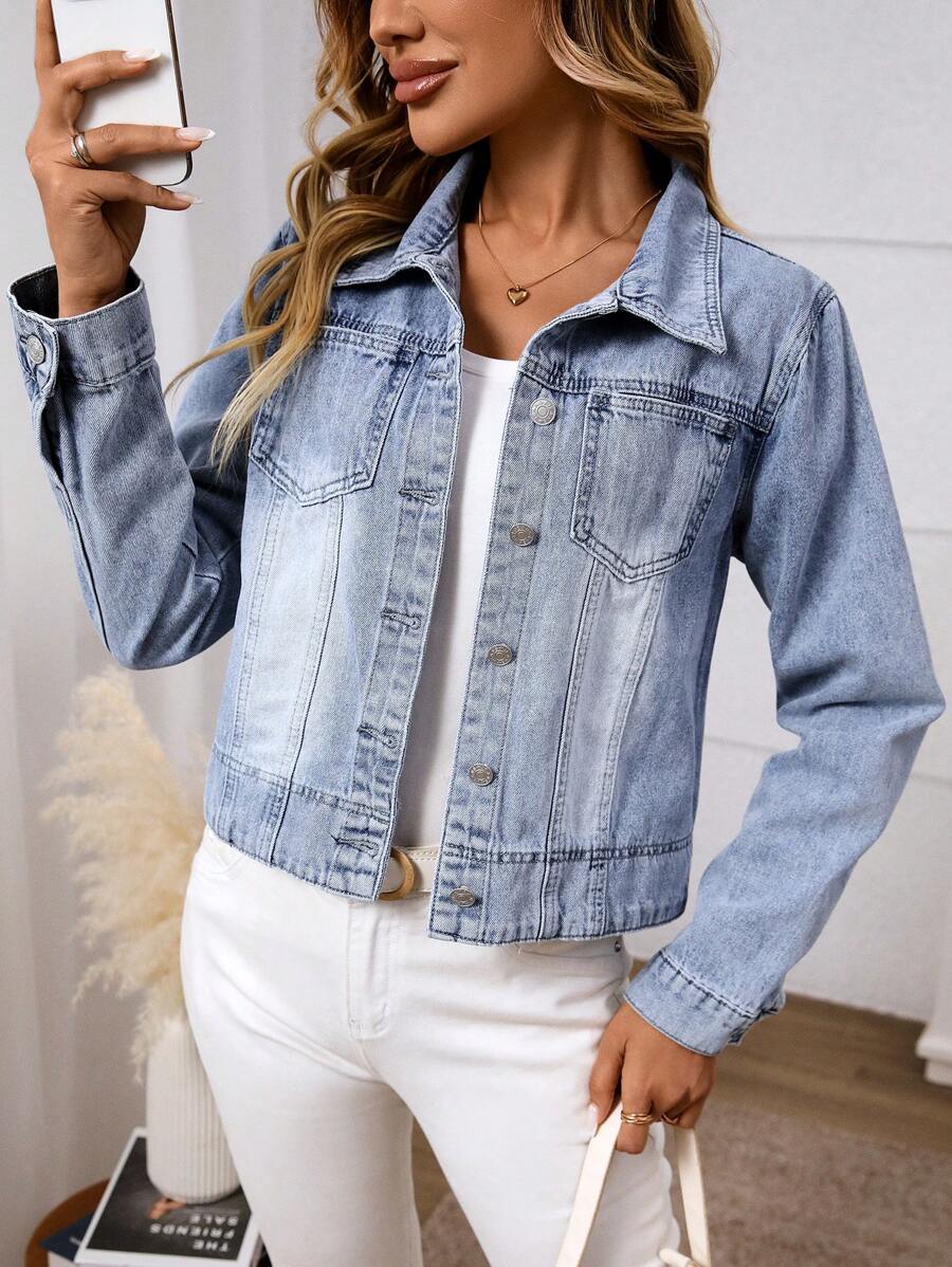 SHEIN LUNE Women's Button-Up Front Pocket Casual Denim Jacket - Blue - View 1