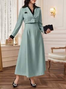 Modelyn 女式秋季拼色翻领长袖夹克和吊带裙优雅两件套