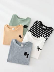 5 Pieces Young Boy Casual Comfortable Cute Graphic Print Fitted Crew Neck Short Sleeve T-Shirt Set, Versatile 5 Styles In 1 Pack, Suitable For Commuting, School, Daily, Casual, Sport, Spring, Summer, Fall, Winter Seasons - Multicolor - View 6