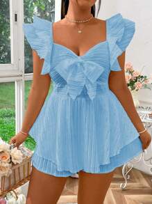 Flirla Plus Size Sweetheart Neckline Bow Decor Romantic Jumpsuit - Blue - View 1