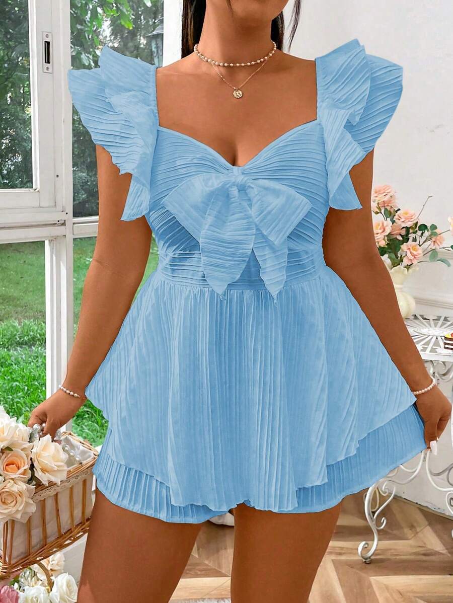 Flirla Plus Size Sweetheart Neckline Bow Decor Romantic Jumpsuit - Blue - View 1