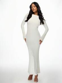 MISSGUIDED Brushed Ribbed Long Sleeve Maxi Dress Winter Fall Bodycon Floor Length High Neck Elegant Evening Dress Stretch Fitted Holiday Party Gown - White - View 3