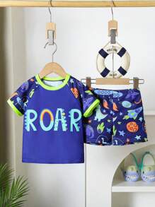 2pcs Boy "Young Boy" Letter Print Raglan Sleeve T-Shirt And Shorts Swimsuit Set (Printed Design) - Multicolor - View 1