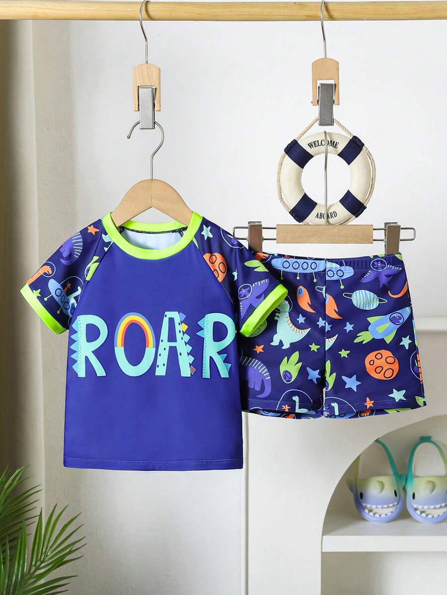 2pcs Boy "Young Boy" Letter Print Raglan Sleeve T-Shirt And Shorts Swimsuit Set (Printed Design) - Multicolor - View 1