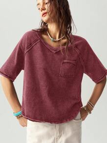 Bohemela BOHO Casual Solid Color Knitted Crew Neck Raglan Short Sleeve Loose T-Shirt For Women