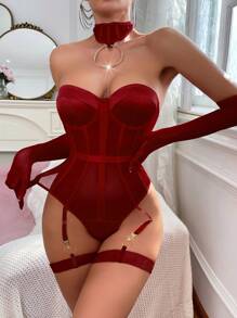 Myrelith 6pcs Red Elegant & Sexy Women's Bodysuit Set For Going Out - Burgundy - View 4