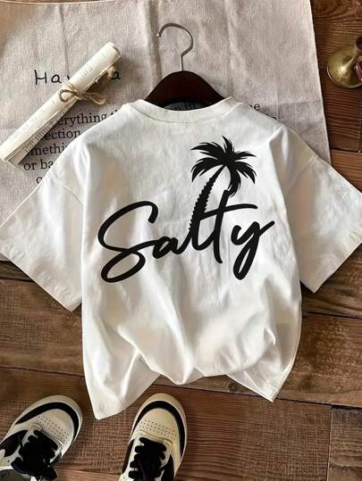 SHEIN LUNE Women's Salty Beachy Top: Cute Vacation Tee With Palm Tree Graphic For Summer