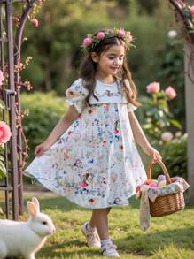 Vintaside Kids Young Girl Cute Rabbit Allover Print Puff Sleeve Dress - Multicolor - View 12