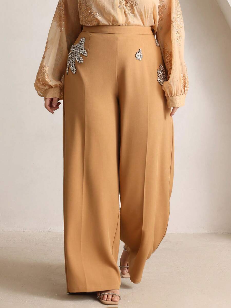 Anewsta 大码优雅时尚串珠水晶缀饰阔腿西装裤，适合新年、情人节度假 - 駝色 - 查看 1