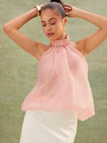 L'Amorae Elegant High Neck Bubble Hem Backless Summer Tops, Vacation - Baby Pink - View 5