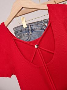 Chiquease Women Crew Neck Hollow Back Drawstring Decoration Button Crop Short Sleeve Knit Top, Spring/Summer