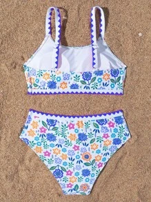 Tween Girl Ditsy Floral Printed Two Pieces Swimwear Set, Pink, Sweet & Fashionable Style Suitable For Any Occasions, Spring & Summer - Blue - View 2