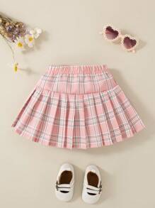 SHEIN 女宝宝粉色格子褶皱A字腰裙，优雅甜美学院风，适合春夏 - 粉色 - 查看 2