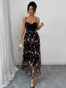 Elenzga Spaghetti Strap Waist Corset Designed Floral Embroidery A-Line Ruffle Hem Holiday Dress, Elegant For Spring/Summer - Black - View 6