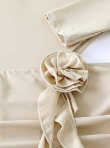 Swim Shayni 3pcs/Set Women Solid Color High Neck Long Sleeve Jumpsuit + Pants + Pleated Floral Beach Skirt For Modest Beach Vacation, Suitable For Spring Break, Boho Festival Arabic Clothing - Beige - View 7