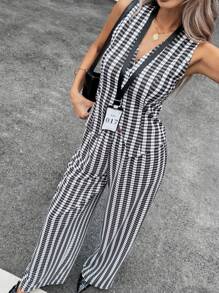 SHEIN Essnce 2 pièces Femmes Gilet rayé à simple boutonnage et pantalon Costume décontracté ample