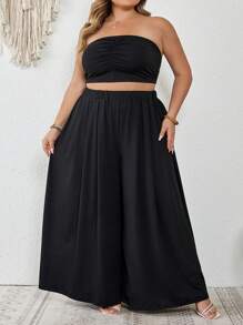 SHEIN CURVE+ 大码女式夏季波西米亚风露背褶皱裤套装，海滩度假性感波西米亚风度假 - 黑色 - 查看 6