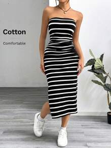 SHEIN EZwear Women Black And White Striped Knitted Strapless Bodycon Dress