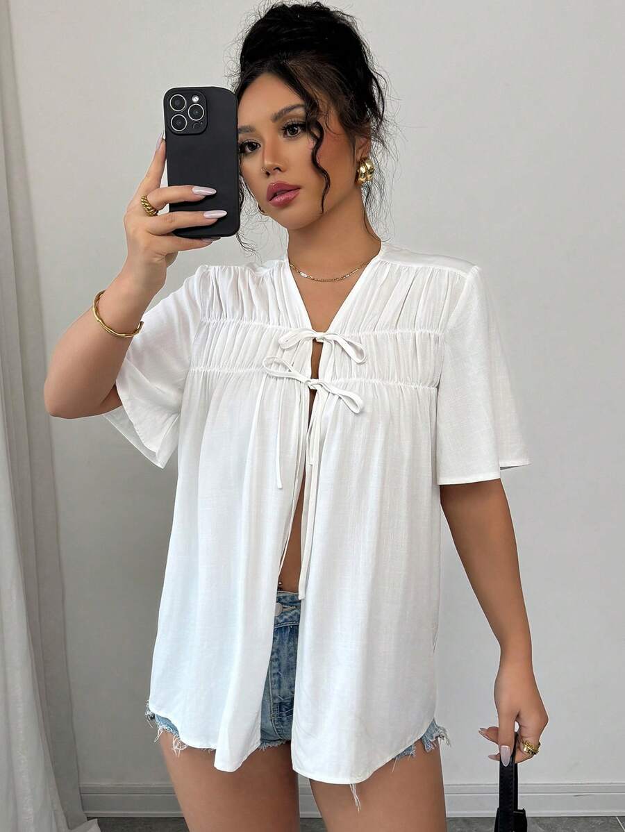 SHEIN Unity 女士百搭休闲 V 领系带宽松纯色短袖衬衫 - 白色 - 查看 1